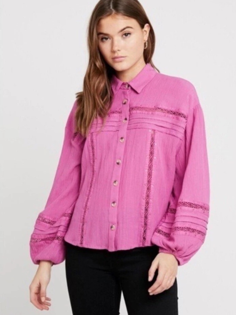 Free People Hot Pink Button-Front Lace-Trim Shirt
